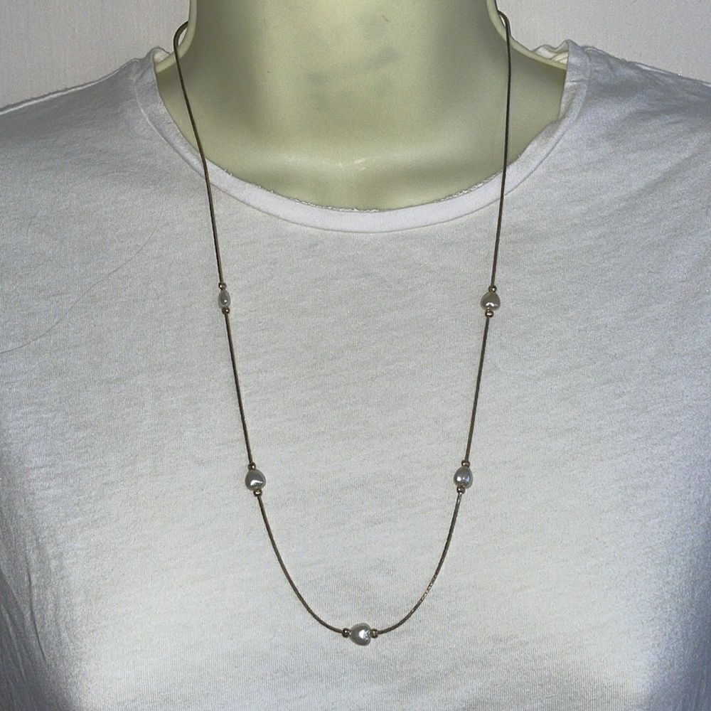 Vtg KOREA stamped gold & heart shaped pearl chain necklace‎